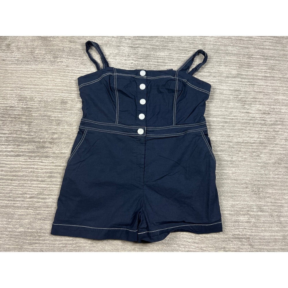 Nicole Miller Romper Womens XL Navy Blue Button Front Contrast Stitch Utility